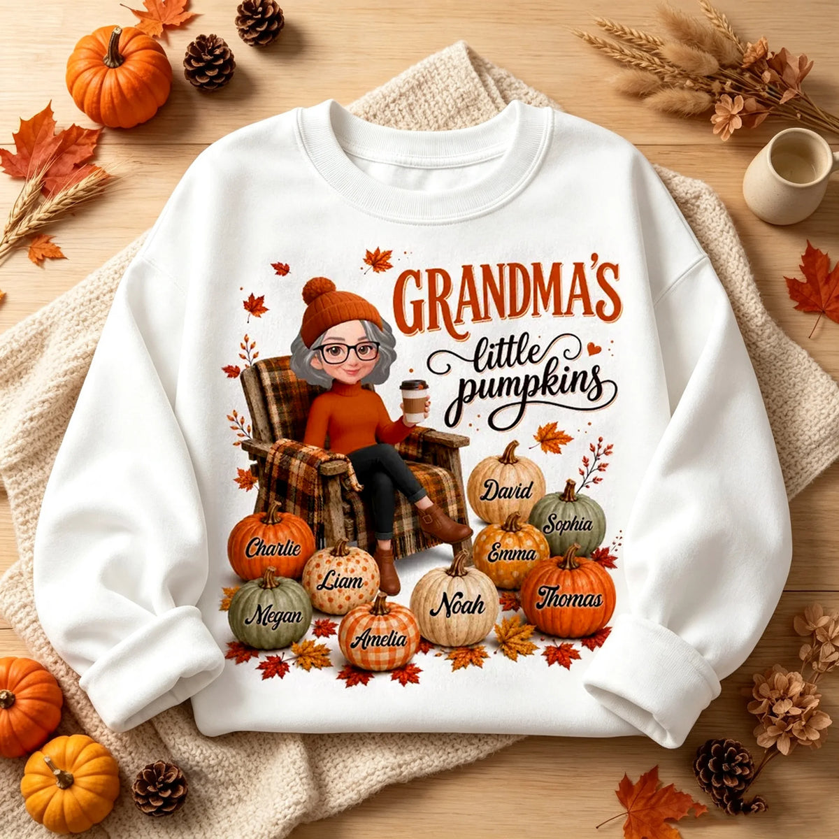 Personalized Grandma Sweatshirt, Seated Grandma with Coffee & Pumpkins, Unique Fall Gift