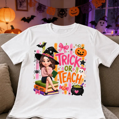 Personalized Classic Tee With Witch Teacher Art, Trick Or Teach Design, Unique Gift For Teachers