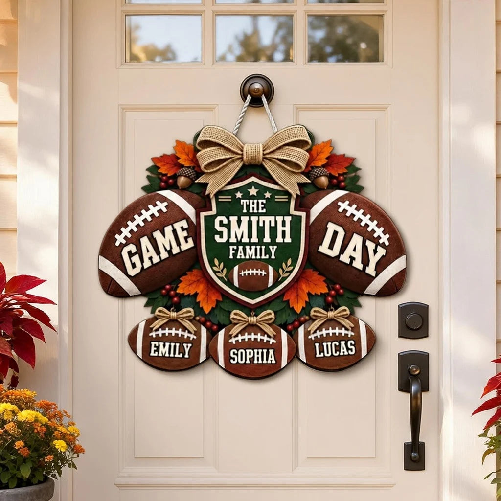 Family Huddle Wooden Sign, Personalized Football Door Accent, Creative Gift for Football Fans