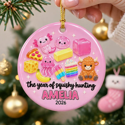 Personalized Ceramic Ornament, Pink Squishy Character Collection, Unique Christmas Gift for Kids and Grandkids