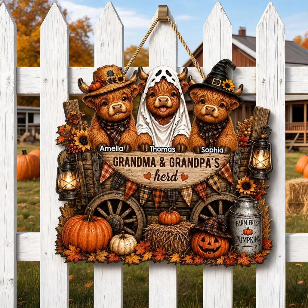 Personalized Wooden Sign with Costumed Highland Cows and Pumpkin Wagon, Unique Fall Gift for Grandparents