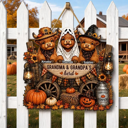 Personalized Wooden Sign with Costumed Highland Cows and Pumpkin Wagon, Unique Fall Gift for Grandparents