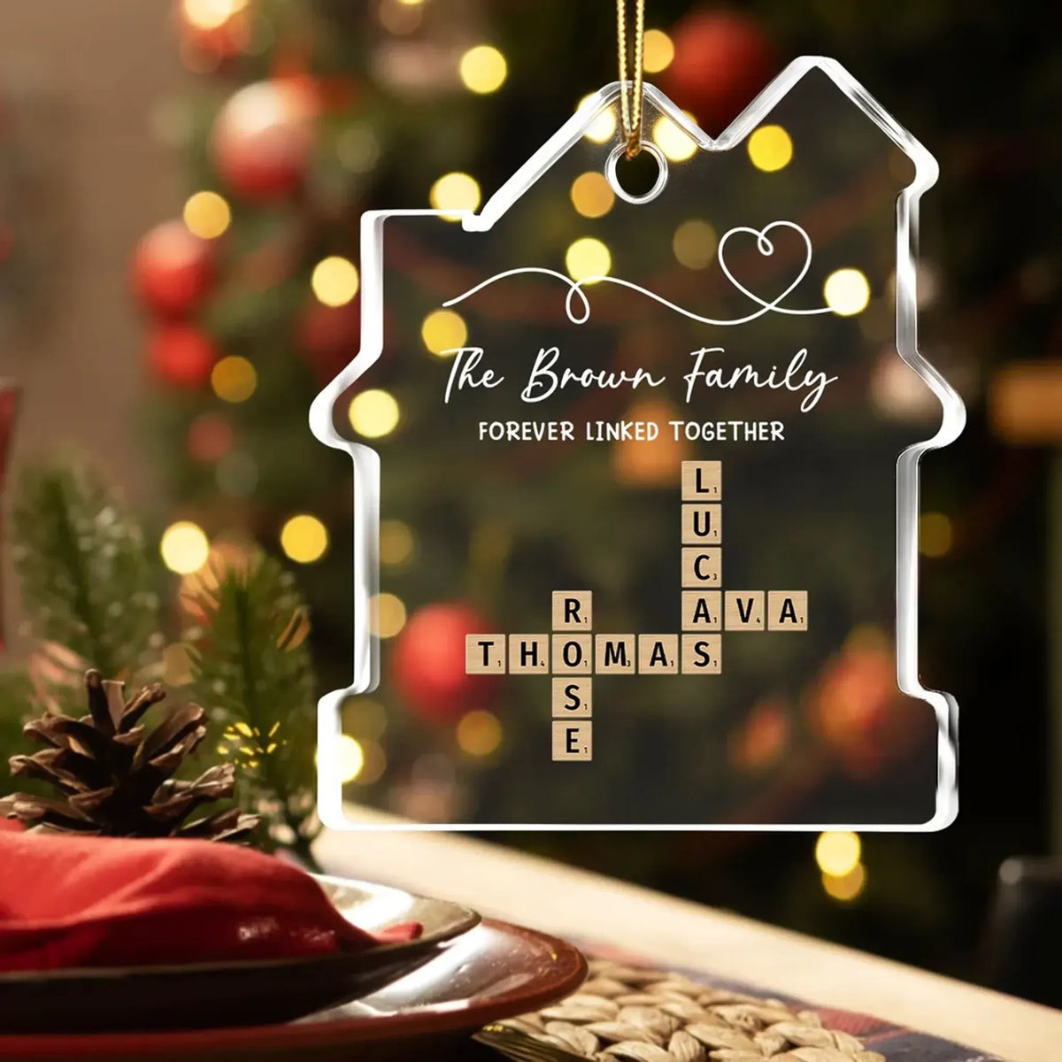 Personalized Acrylic Ornament, House Shaped Family Keepsake With Linked Heart, Unique Gift for Parents