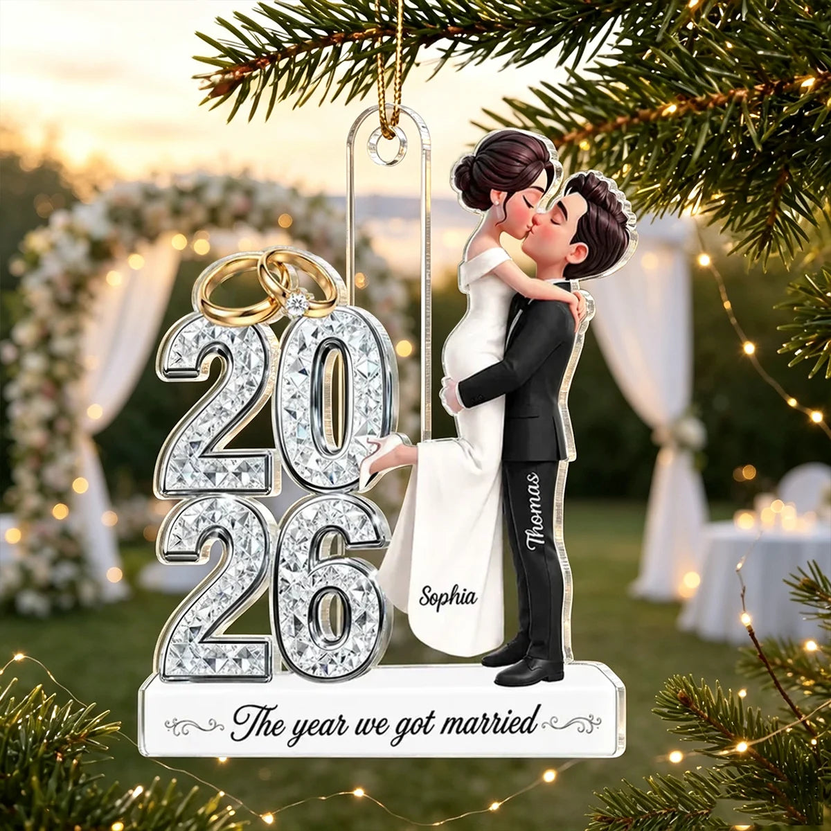 Personalized Acrylic Ornament with Kissing Newlyweds, Unique Wedding Keepsake Gift for Couples