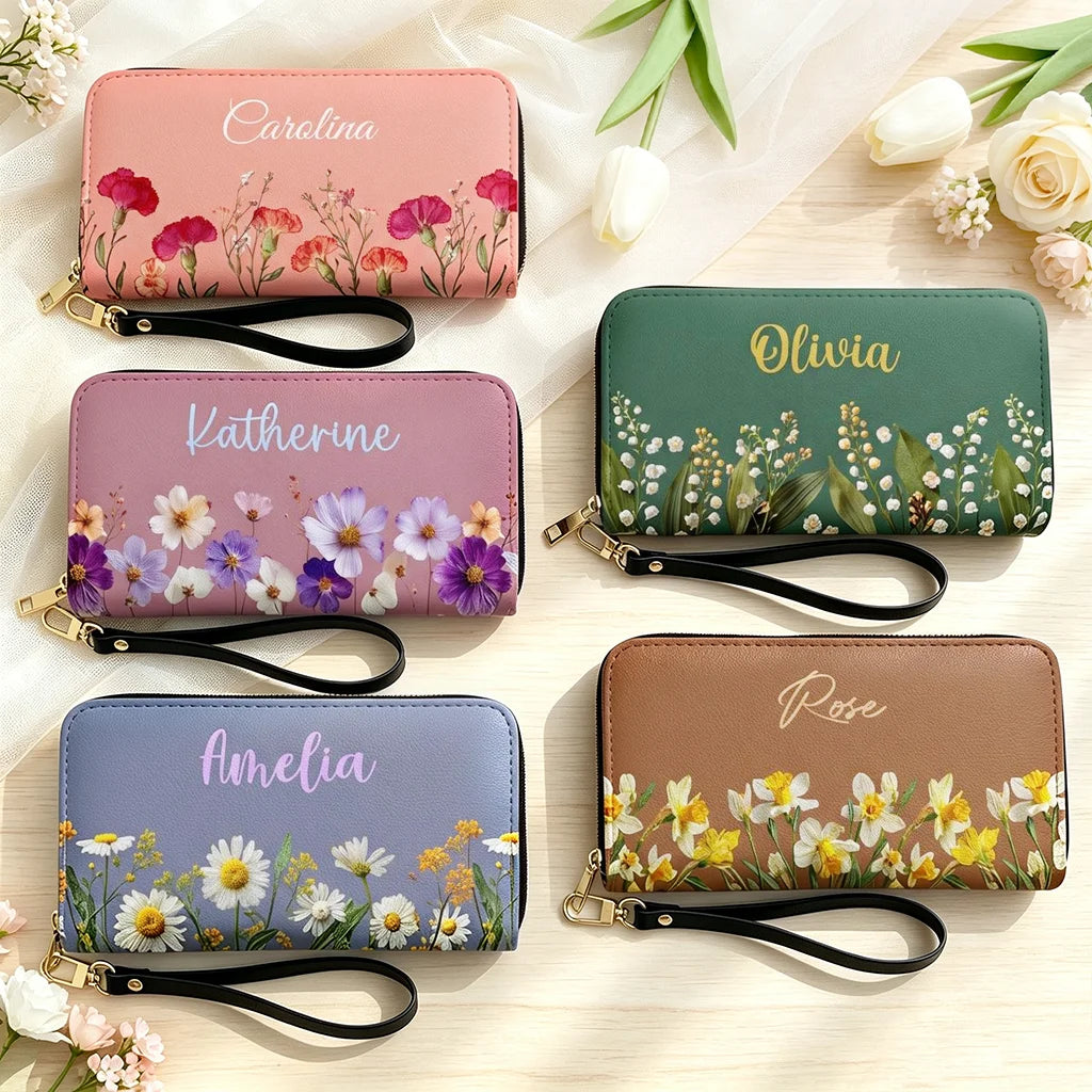 Personalized Leather Long Wallet with Birth Flower Design, Unique Gift for Mom, Grandma & Sister