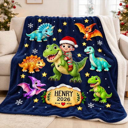 Personalized Dinosaur Fleece Blanket, Child Riding a Dinosaur in a Snowy Christmas Scene, Unique Gift for Kids