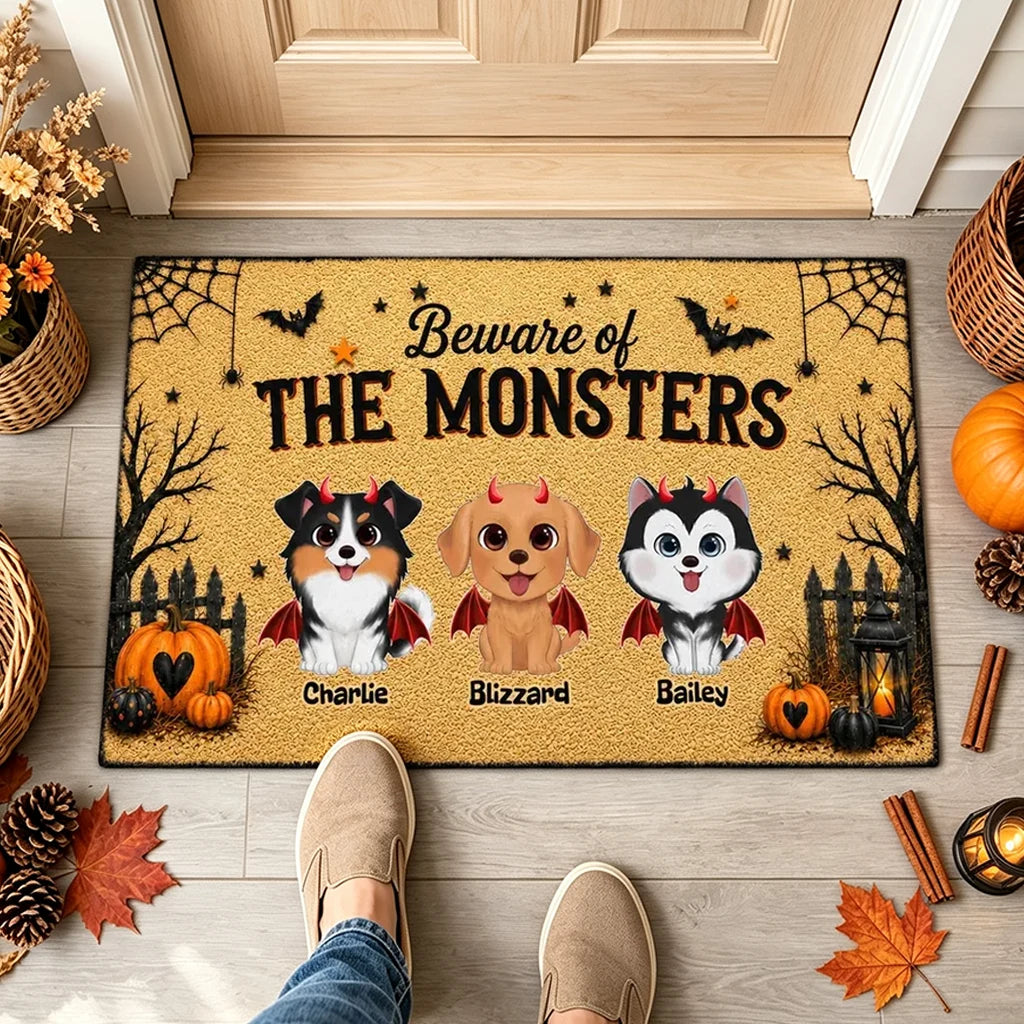 Personalized Standard Doormat, Playful Halloween Dogs and Pumpkins, Creative Gift for Pet Owners