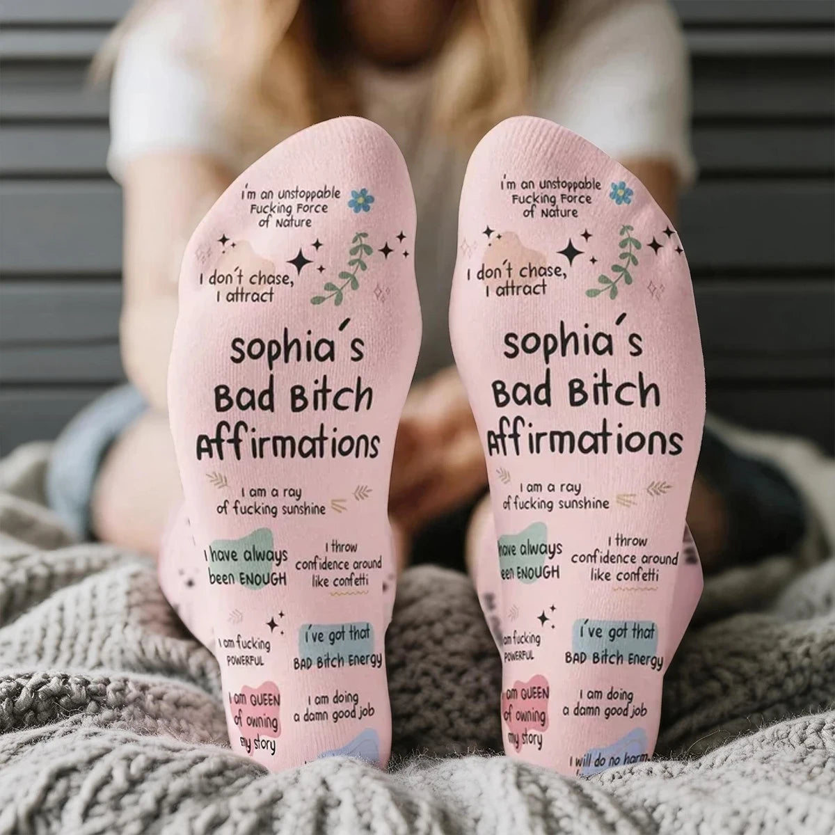 Personalized Crew Socks with Bold Pink Affirmations, Creative Gift for Friends, Coworkers & Self-Care