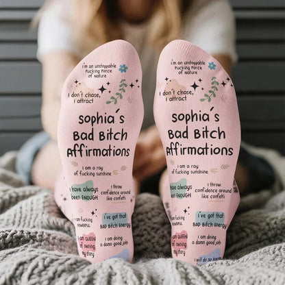 Personalized Crew Socks with Bold Pink Affirmations, Creative Gift for Friends, Coworkers & Self-Care