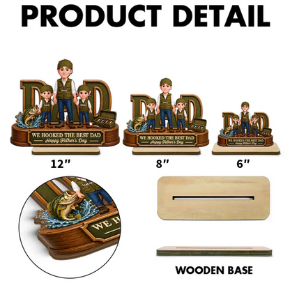 Personalized 2-Layer Wooden Plaque for Fishing Dad, Dad and Kids Holding Hands, Unique Father's Day Gift