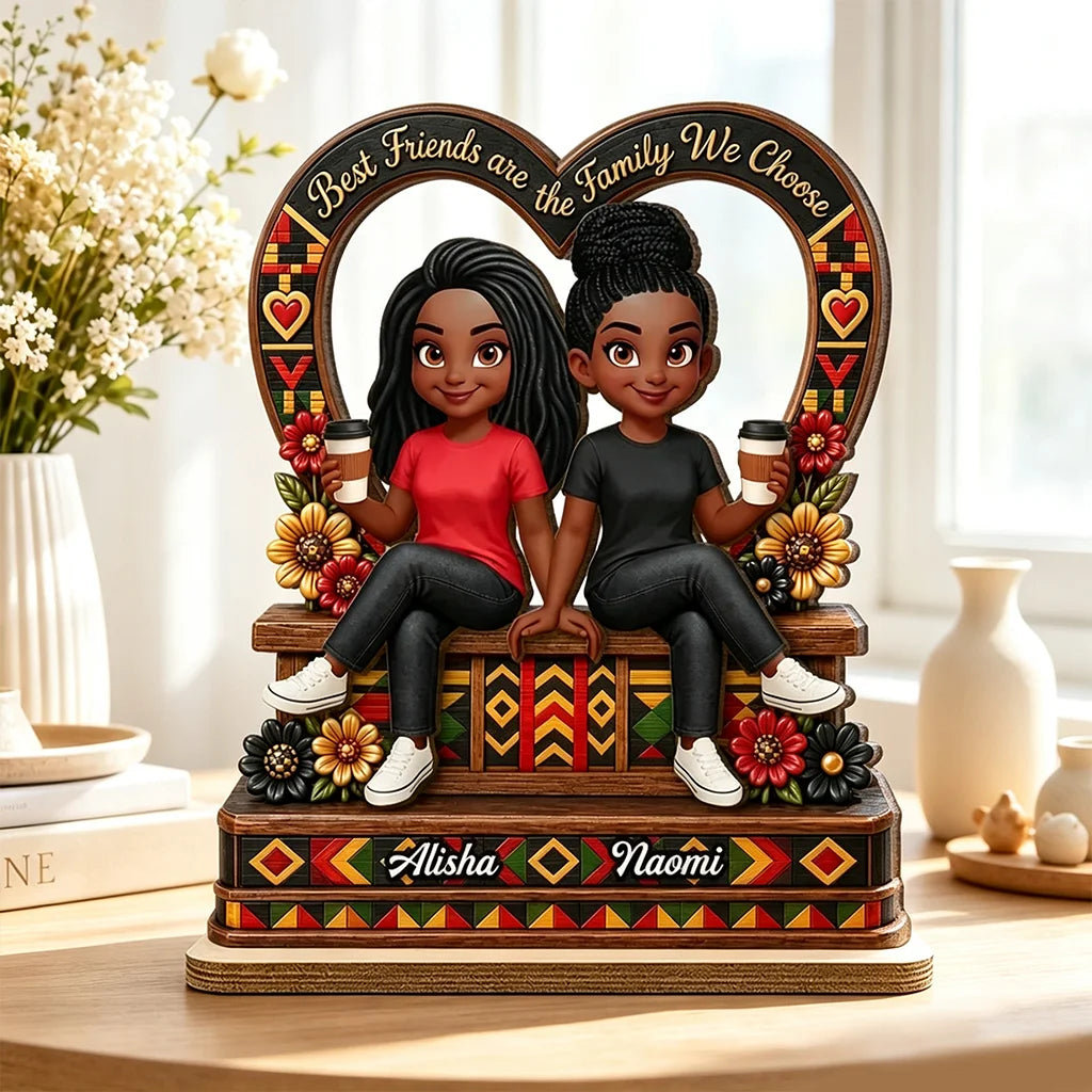 Personalized 2-Layer Wooden Plaque with Sitting Friends & Coffee, Unique Creative Gift for Friend