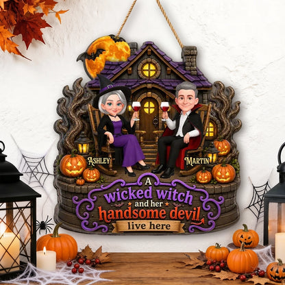 Personalized Wooden Sign, Seated Witch & Devil Haunted House Halloween Decor, Unique Gift For Couple