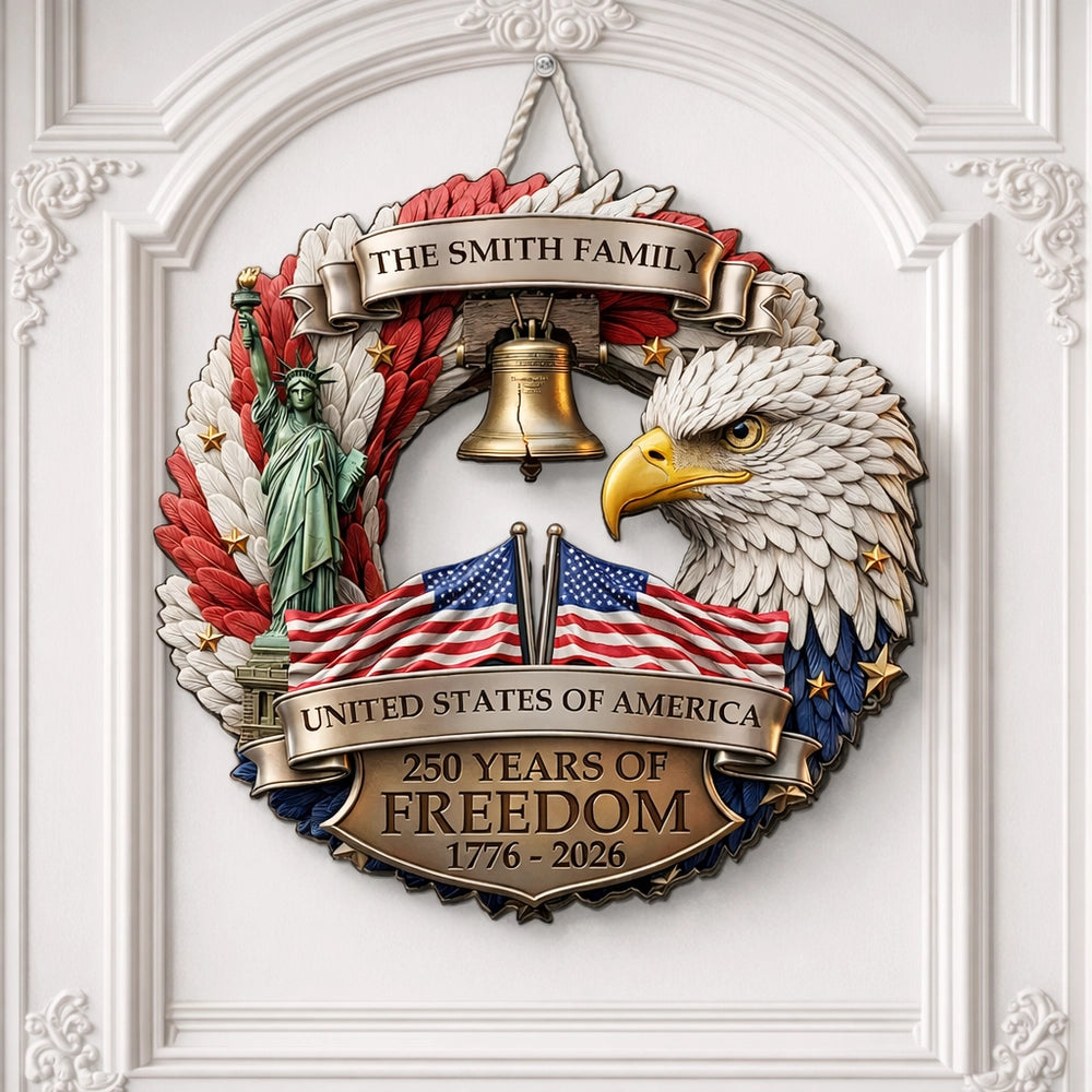 Personalized Patriotic Eagle Wooden Sign, United States of America Freedom Wreath Wall Decor, Unique Gift