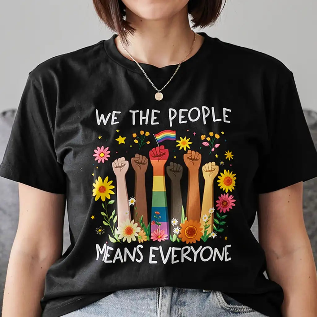 Classic Tee, Rainbow Flag & Floral Raised Fists LGBTQ Pride Design, Unique Gift For Ally