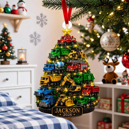 Personalized Acrylic Ornament with Colorful Truck Tree, Unique Christmas Gift for a Truck Loving Child