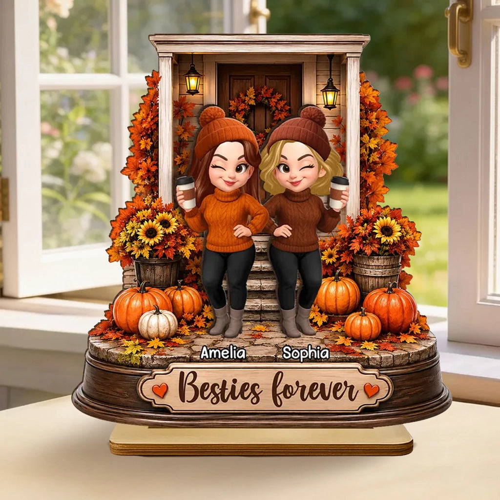 Personalized 2-Layer Wooden Plaque, Besties Forever Autumn Porch Scene, Unique Gift For Close Friend