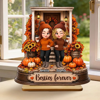 Personalized 2-Layer Wooden Plaque, Besties Forever Autumn Porch Scene, Unique Gift For Close Friend