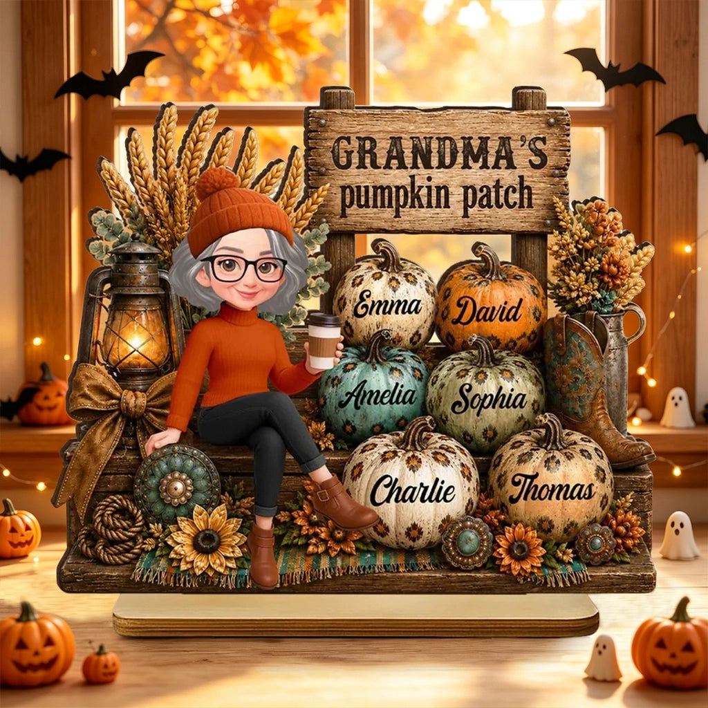 Personalized 2-Layer Wooden Plaque, Grandma Holding Coffee in Pumpkin Patch, Unique Gift for Grandma