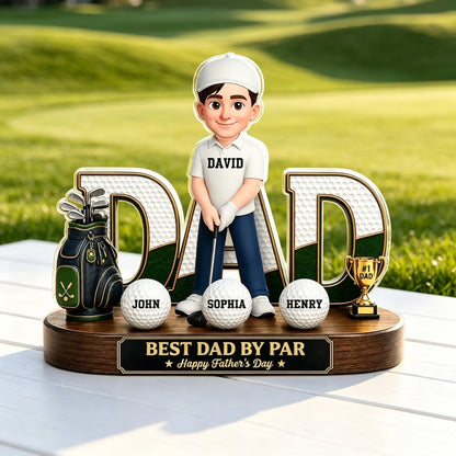Personalized Golf Dad Plaque with Cartoon Golfer on Sunlit Course, Creative Gift for Husband & Golf Lovers