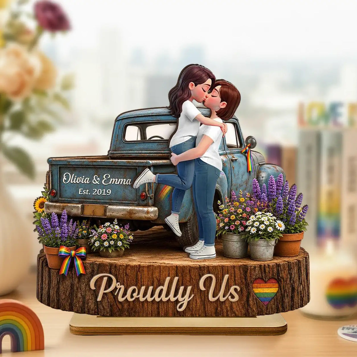 Personalized LGBT Couple 2-Layer Wooden Plaque, Kissing Pickup Truck Art, Proudly Us Creative Gift
