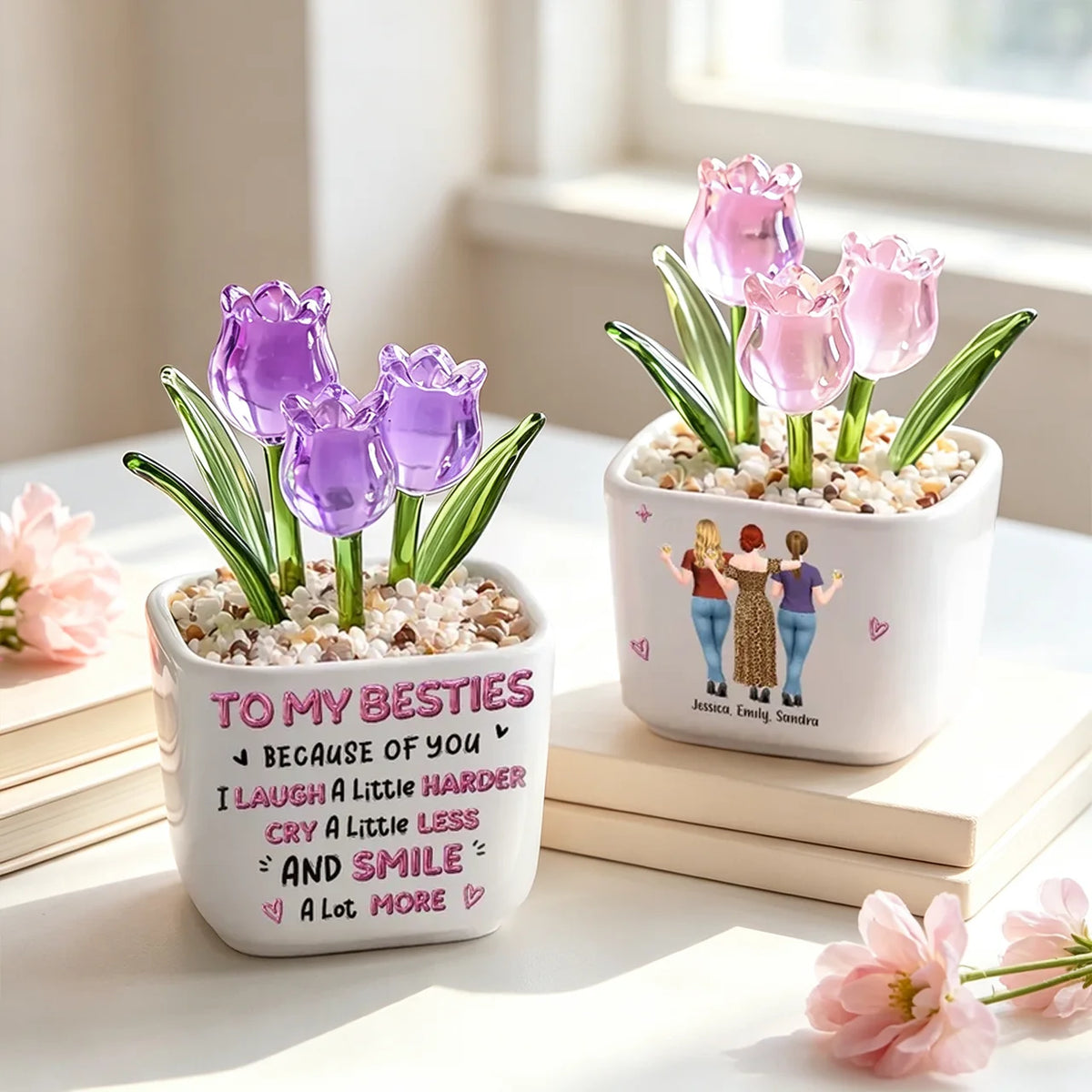 Square Glass Planter for Friends, Custom Smile More Quote & Arm in Arm Illustration, Unique Creative Gift
