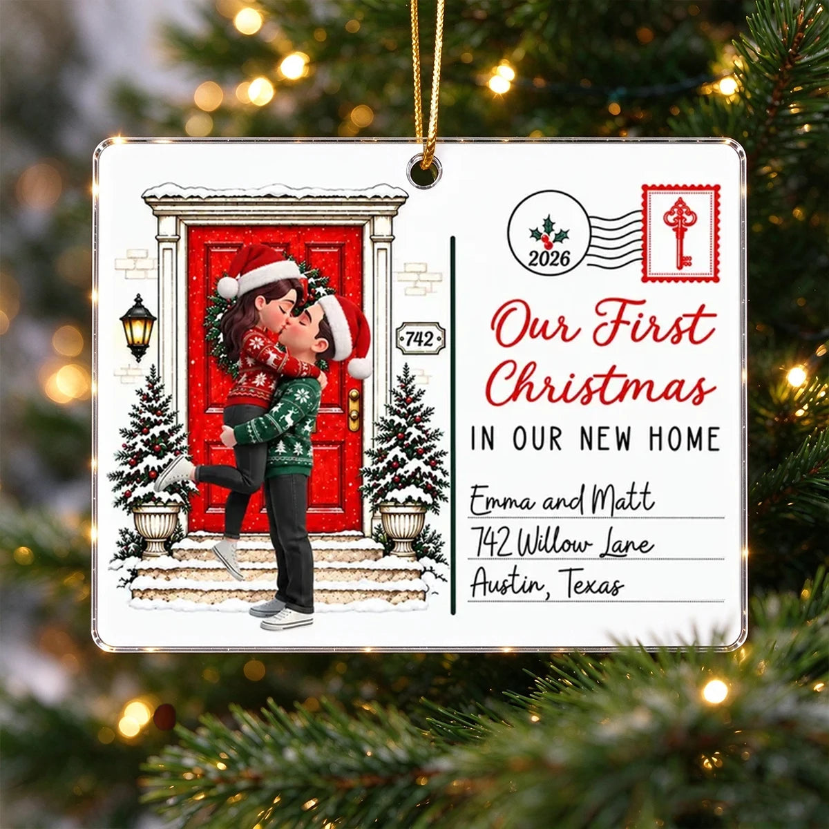 Personalized Acrylic Ornament, Kissing Couple by a Snowy Red Door, Unique Christmas Gift for New Homeowners