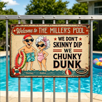 Personalized Rectangular Iron Sign, Vintage Chunky Dunk Pool Decor with Smiling Swimmers, Unique Gift for Pool Owners