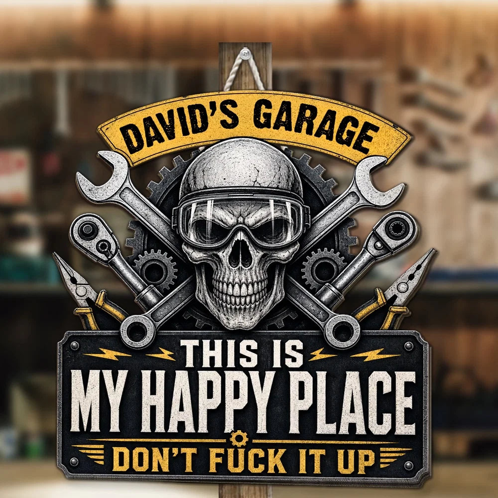 Personalized Wooden Sign, Vintage Skull & Tools Garage Decor, Unique Gift for Mechanics