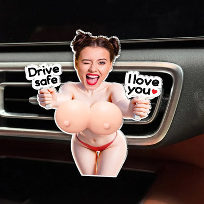 Personalized Silicone Chest Acrylic Car Vent Clip, Custom Photo Woman Holding Love Signs, Unique Gift for Partner