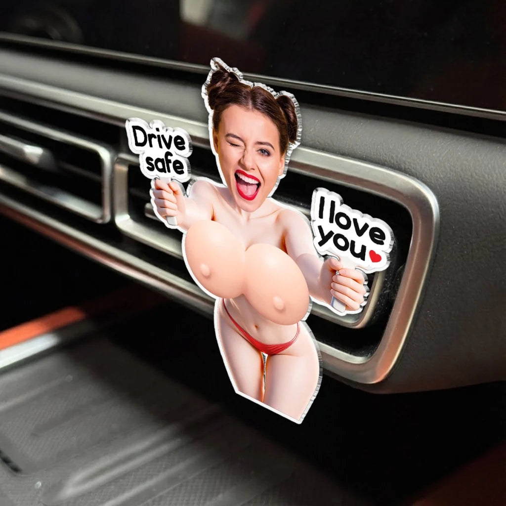 Personalized Silicone Chest Acrylic Car Vent Clip, Custom Photo Woman Holding Love Signs, Unique Gift for Partner