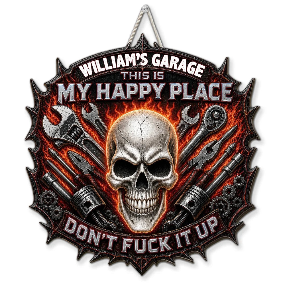 My Happy Place Personalized Wooden Sign, Gothic Garage Decor, Creative Gift for Dad Husband