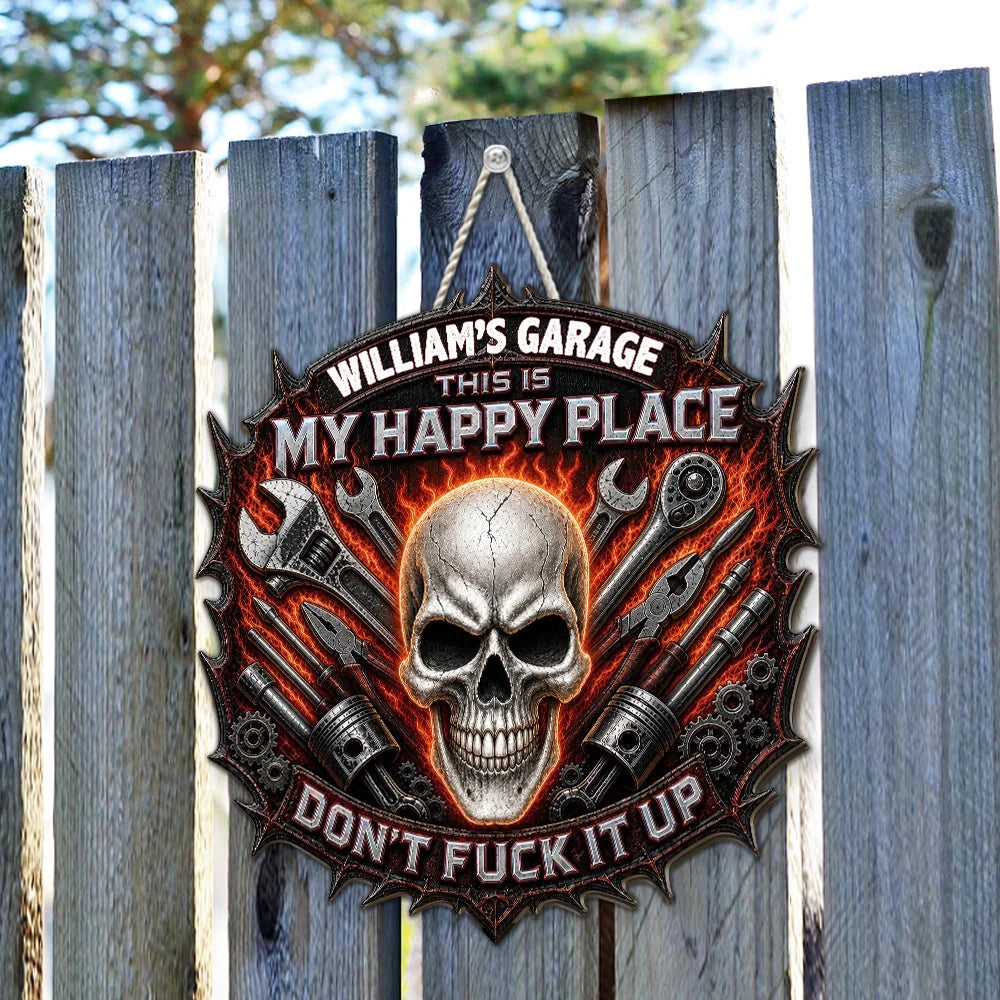My Happy Place Personalized Wooden Sign, Gothic Garage Decor, Creative Gift for Dad Husband