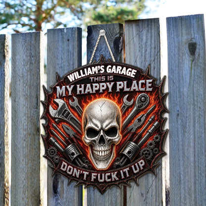 My Happy Place Personalized Wooden Sign, Gothic Garage Decor, Creative Gift for Dad Husband