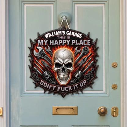 My Happy Place Personalized Wooden Sign, Gothic Garage Decor, Creative Gift for Dad Husband