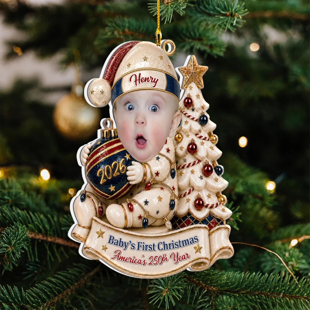 Personalized Acrylic Ornament, Baby Holding a Bauble by a Christmas Tree, Unique Gift for New Parents