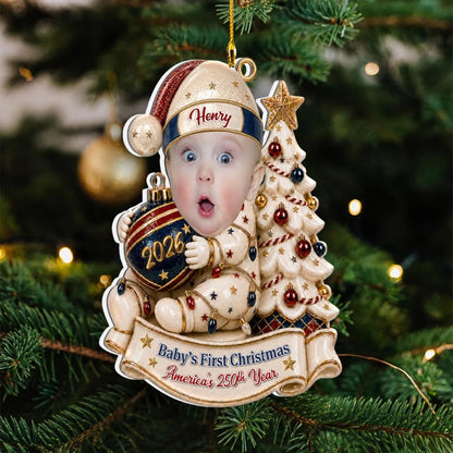 Personalized Acrylic Ornament, Baby Holding a Bauble by a Christmas Tree, Unique Gift for New Parents