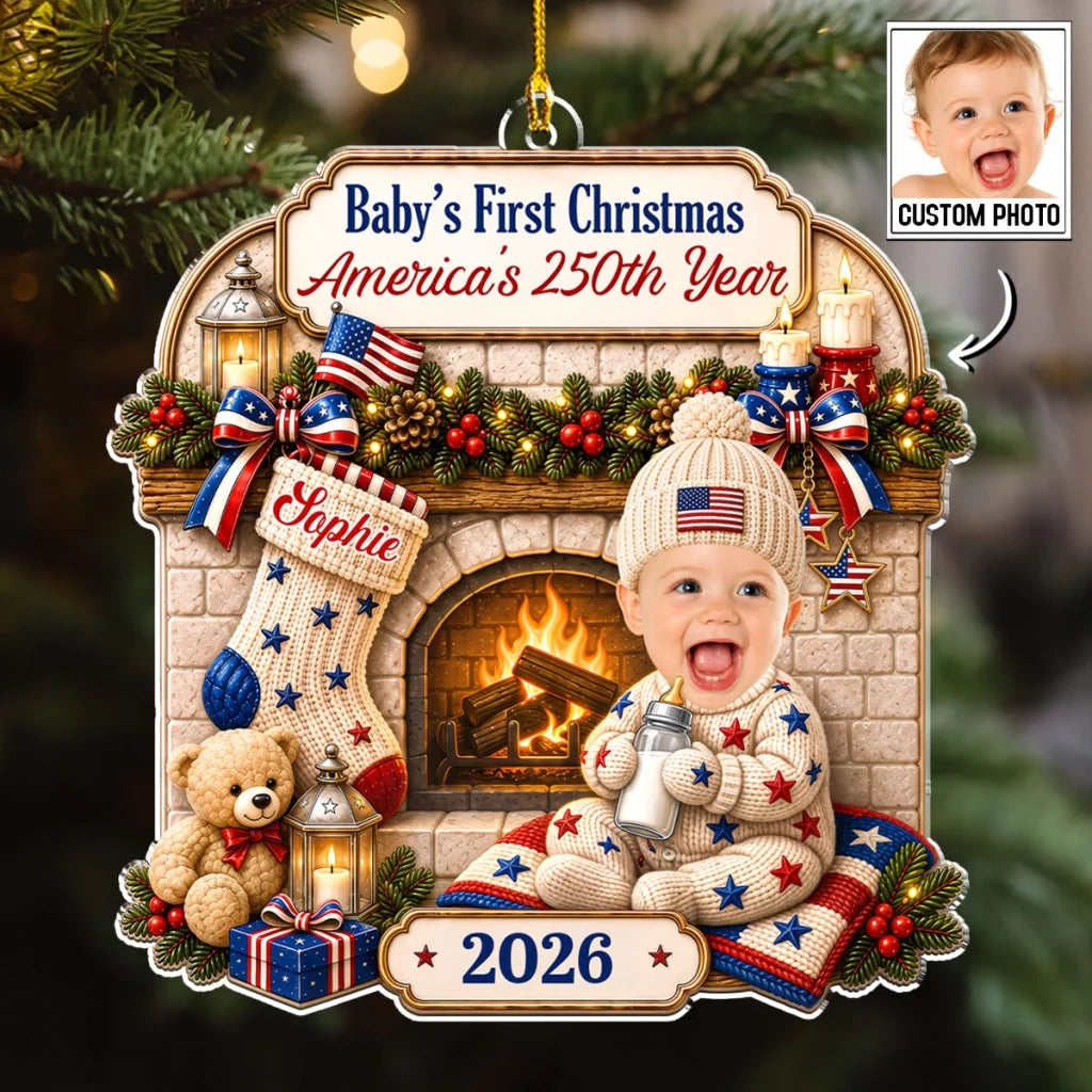 Personalized Acrylic Ornament, Smiling Baby by a Cozy Fireplace, Unique Christmas Gift for New Parents