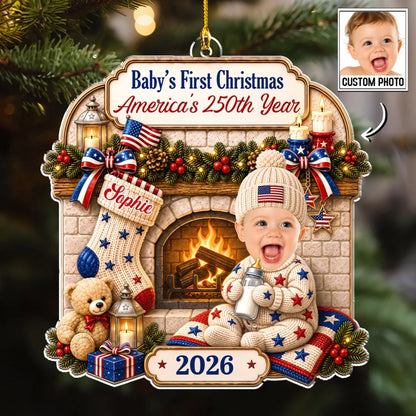 Personalized Acrylic Ornament, Smiling Baby by a Cozy Fireplace, Unique Christmas Gift for New Parents