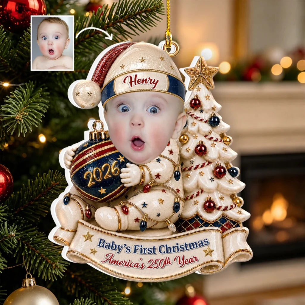 Personalized Acrylic Ornament, Baby Holding a Bauble by a Christmas Tree, Unique Gift for New Parents