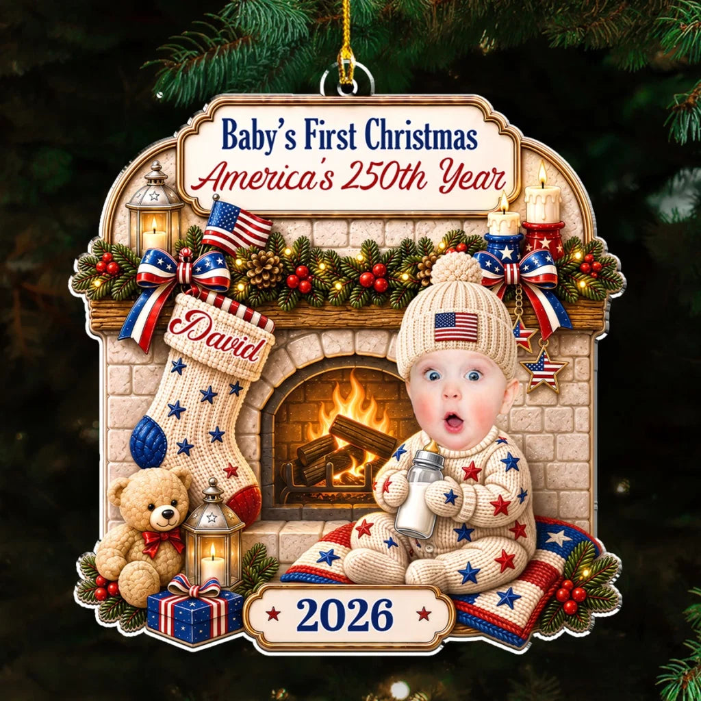 Personalized Acrylic Ornament, Smiling Baby by a Cozy Fireplace, Unique Christmas Gift for New Parents