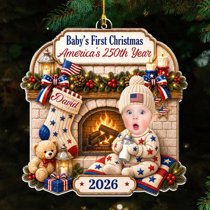 Personalized Acrylic Ornament, Smiling Baby by a Cozy Fireplace, Unique Christmas Gift for New Parents