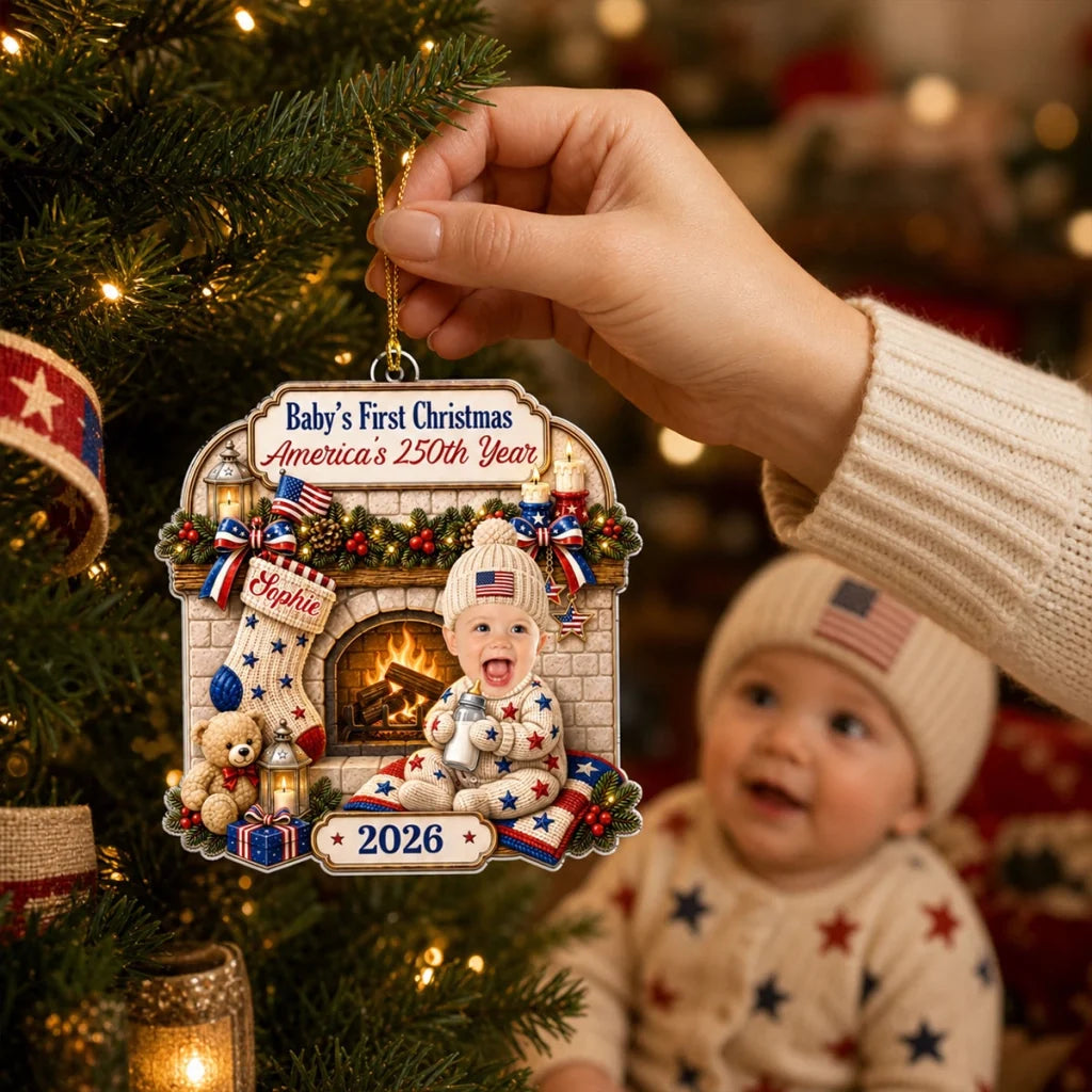 Personalized Acrylic Ornament, Smiling Baby by a Cozy Fireplace, Unique Christmas Gift for New Parents