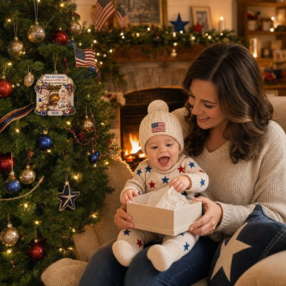 Personalized Acrylic Ornament, Smiling Baby by a Cozy Fireplace, Unique Christmas Gift for New Parents