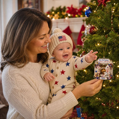 Personalized Acrylic Ornament, Smiling Baby by a Cozy Fireplace, Unique Christmas Gift for New Parents