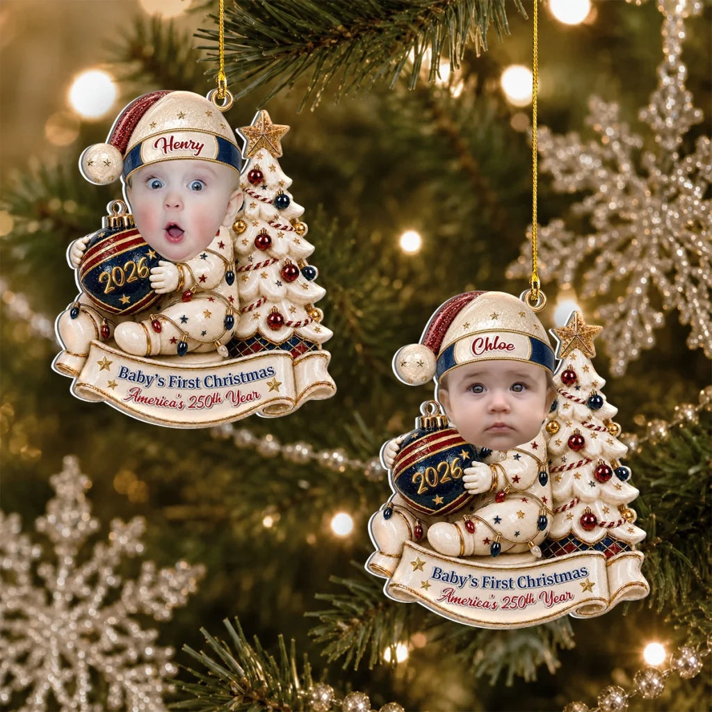 Personalized Acrylic Ornament, Baby Holding a Bauble by a Christmas Tree, Unique Gift for New Parents