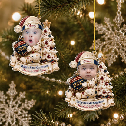 Personalized Acrylic Ornament, Baby Holding a Bauble by a Christmas Tree, Unique Gift for New Parents