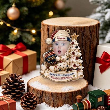 Personalized Acrylic Ornament, Baby Holding a Bauble by a Christmas Tree, Unique Gift for New Parents