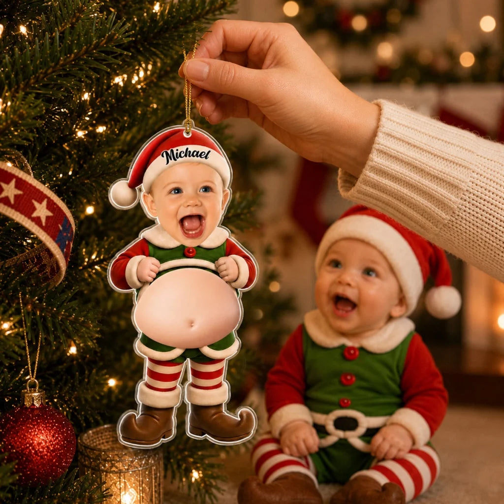 Personalized Silicone Belly Acrylic Ornament, Smiling Baby Elf by Christmas Tree, Unique Christmas Gift for Family