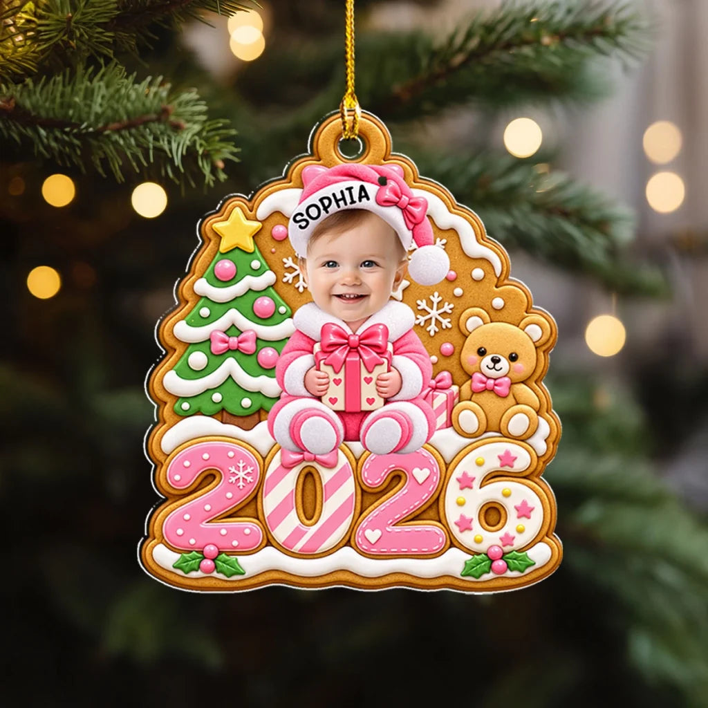 Personalized Acrylic Ornament, Gingerbread Baby Holding a Gift, Colorful Christmas Decor and Unique Family Gift