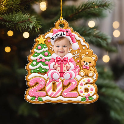 Personalized Acrylic Ornament, Gingerbread Baby Holding a Gift, Colorful Christmas Decor and Unique Family Gift